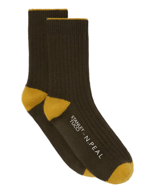 N.PEAL x TUCCI TRAVEL SOCK Olive Green + Ochre Yellow