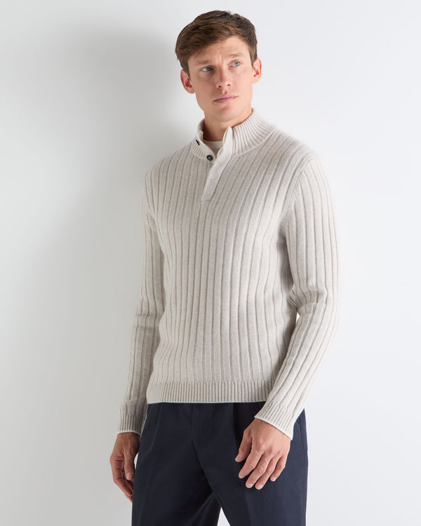 N.PEAL x TUCCI RIB HALF BUTTON SWEATER Pebble Grey