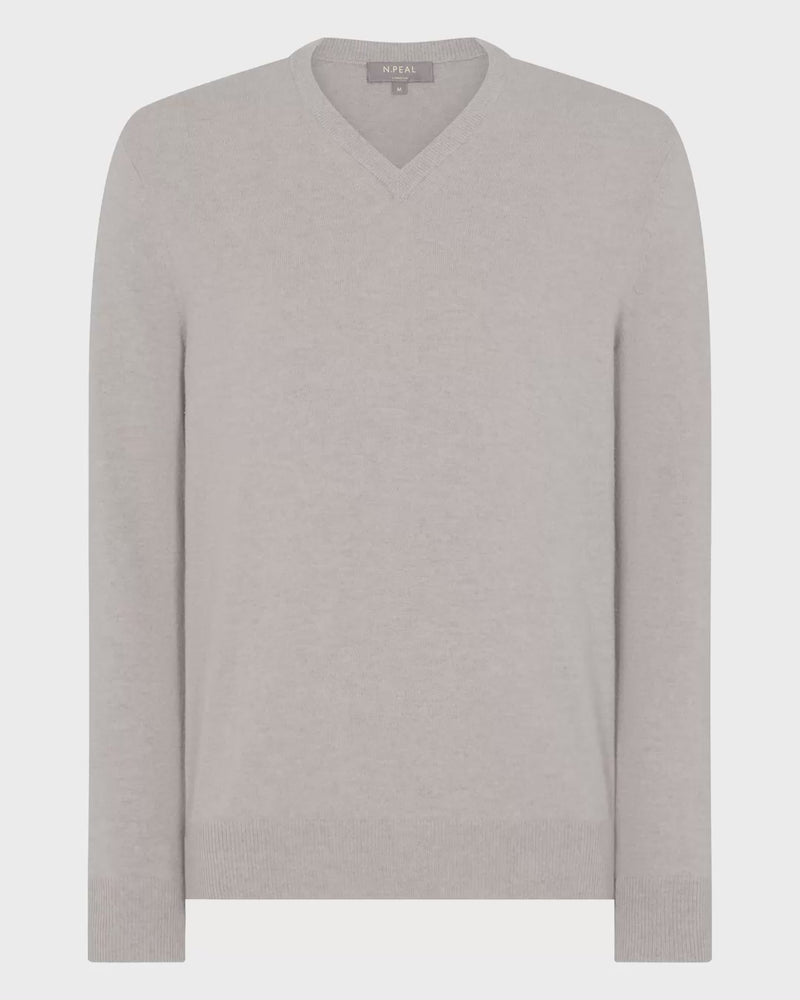 N.Peal Men's Burlington V Neck Cashmere Jumper Oat Grey