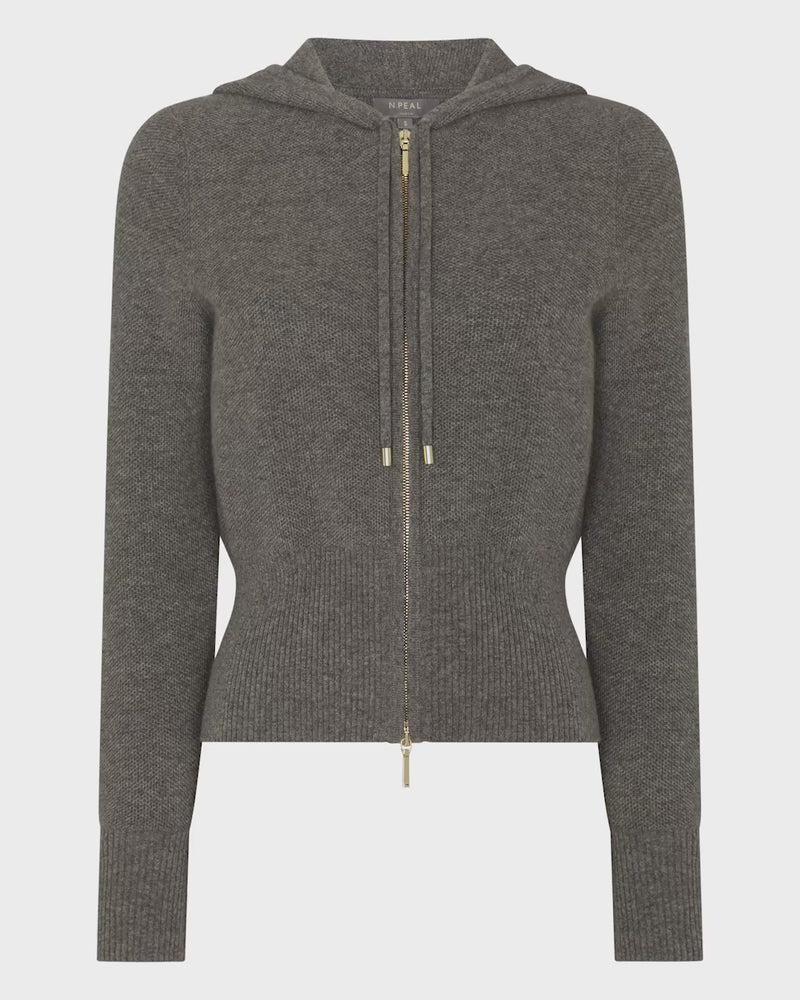 N.Peal Women's Honeycomb Zipper Cashmere Hoodie Wood Smoke Brown