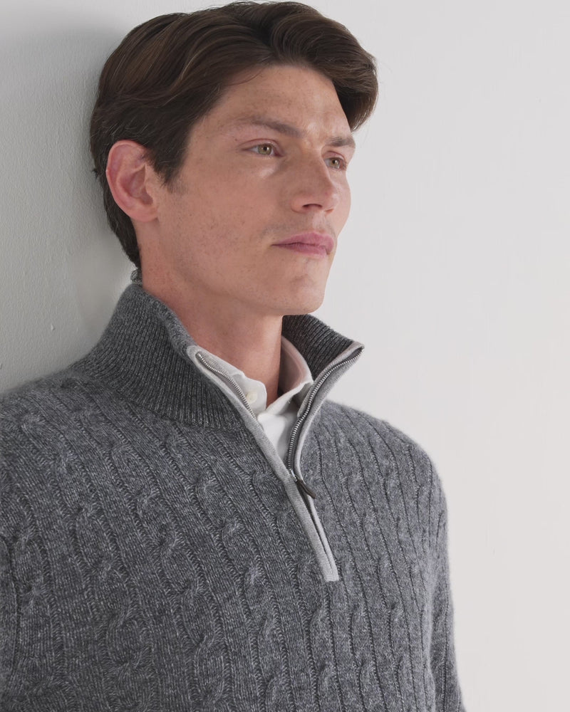 N.Peal Men's Albemarle Cable Half Zip Cashmere Jumper Grey Melange