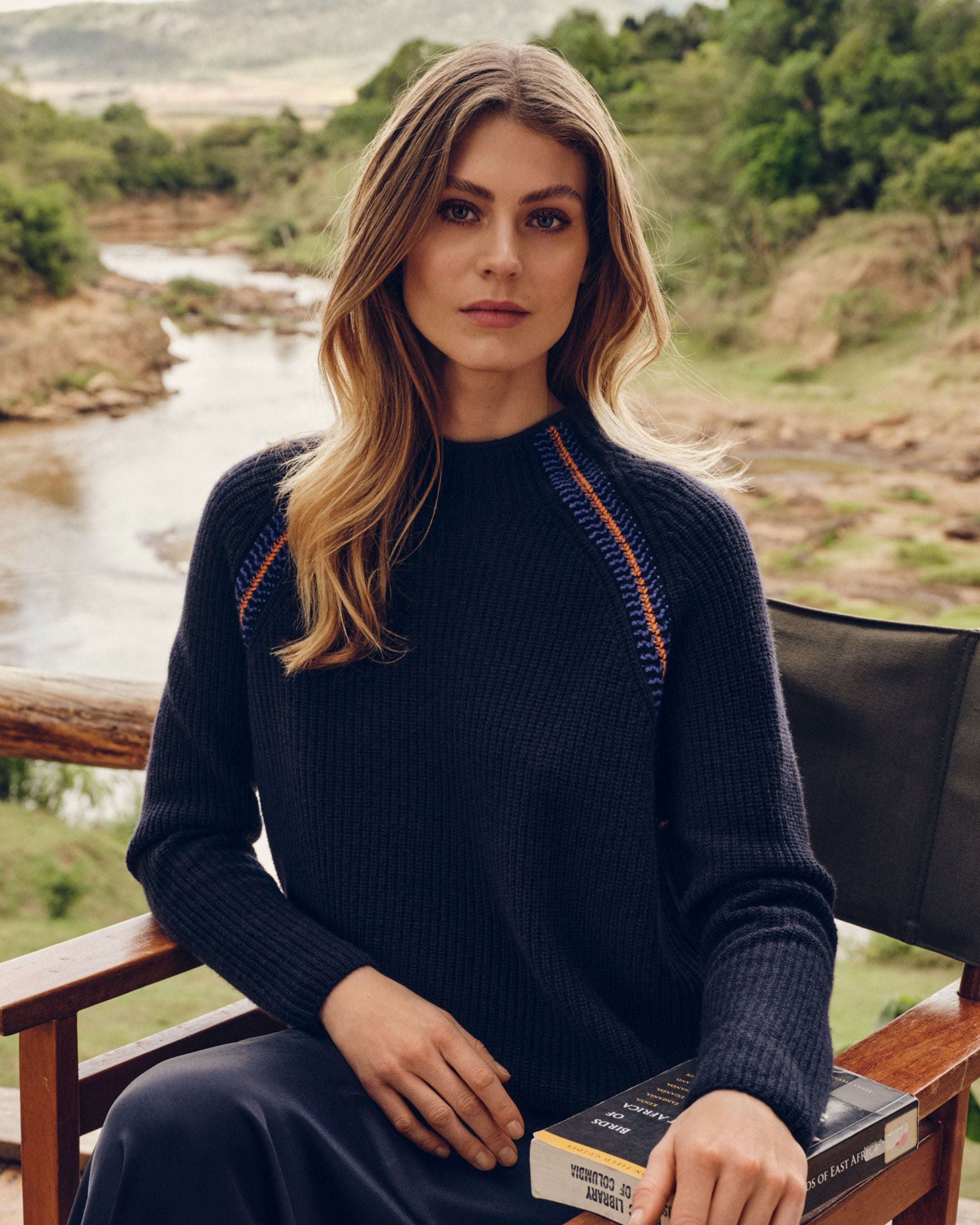 Women s Jacquard Detail Rib Cashmere Jumper Navy Blue N.Peal