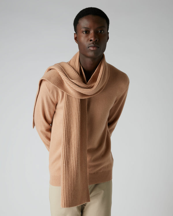 N.Peal Unisex Short Ribbed Cashmere Scarf Camel Brown