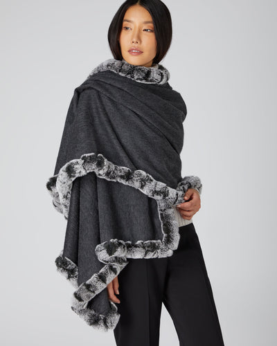 N.Peal Women's Fur Trim Woven Cashmere Shawl Dark Charcoal Grey