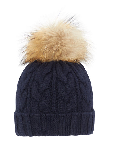 N.Peal Unisex Chunky Cable Raccoon Pom Hat Navy Blue