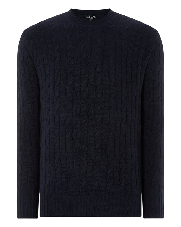 N.Peal 007 Cable Crew Neck Cashmere Jumper Navy Blue