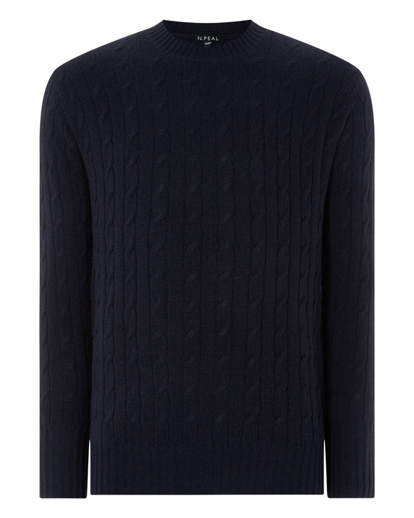 N.Peal Men's Thames Cable Round Neck Cashmere Jumper Navy Blue