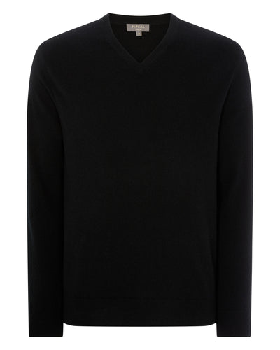 N.Peal Men's Burlington V Neck Cashmere Jumper Black