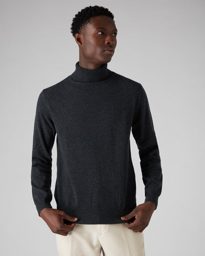 N.Peal Men's The Trafalgar Polo Neck Cashmere Jumper Dark Charcoal Grey