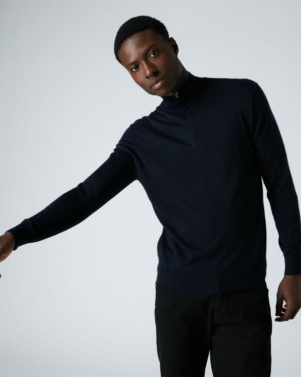 N.Peal Men's Regent Fine Gauge Cashmere Half Zip Jumper Navy Blue