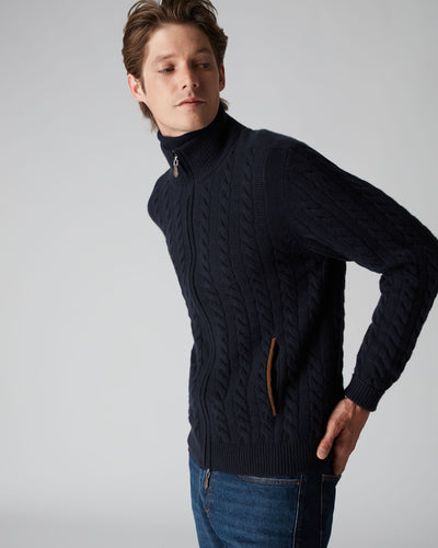 N.Peal Men's The Richmond Cable Cashmere Cardigan Navy Blue