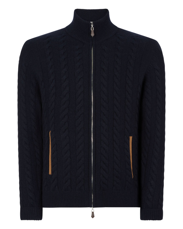 N.Peal Men's Richmond Cable Cashmere Cardigan Navy Blue