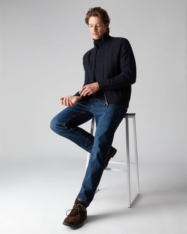 N.Peal Men's Richmond Cable Cashmere Cardigan Navy Blue