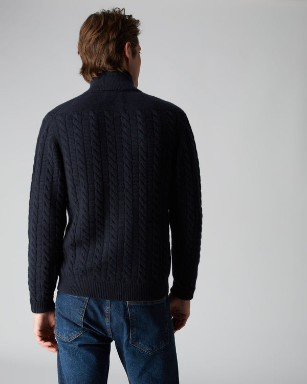 N.Peal Men's Richmond Cable Cashmere Cardigan Navy Blue