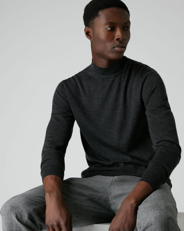 N.Peal 007 Fine Gauge Cashmere Mock Turtle Neck Jumper Dark Charcoal Grey