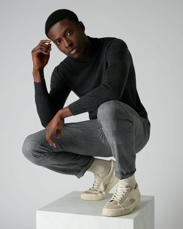 N.Peal 007 Fine Gauge Cashmere Mock Turtle Neck Jumper Dark Charcoal Grey