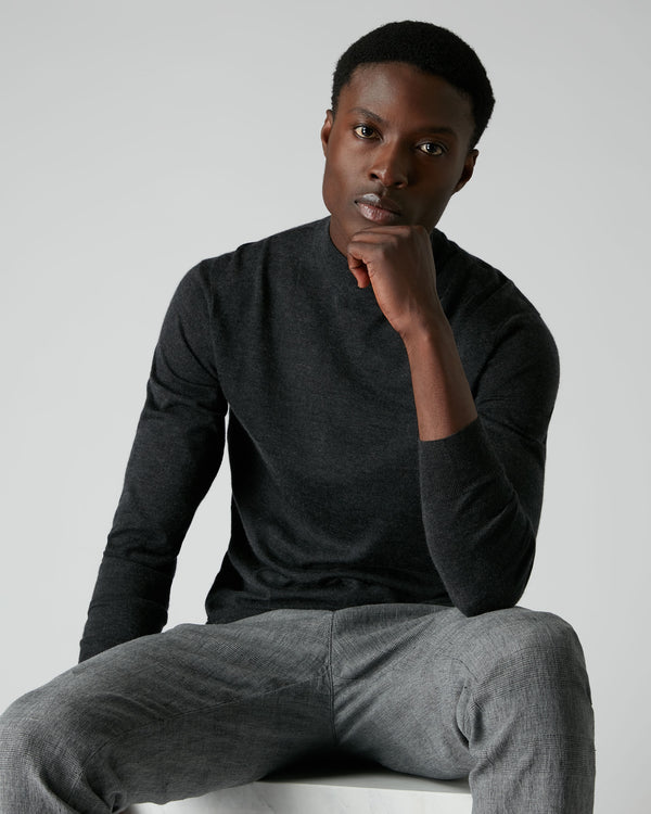 N.Peal 007 Fine Gauge Cashmere Mock Turtle Neck Jumper Dark Charcoal Grey