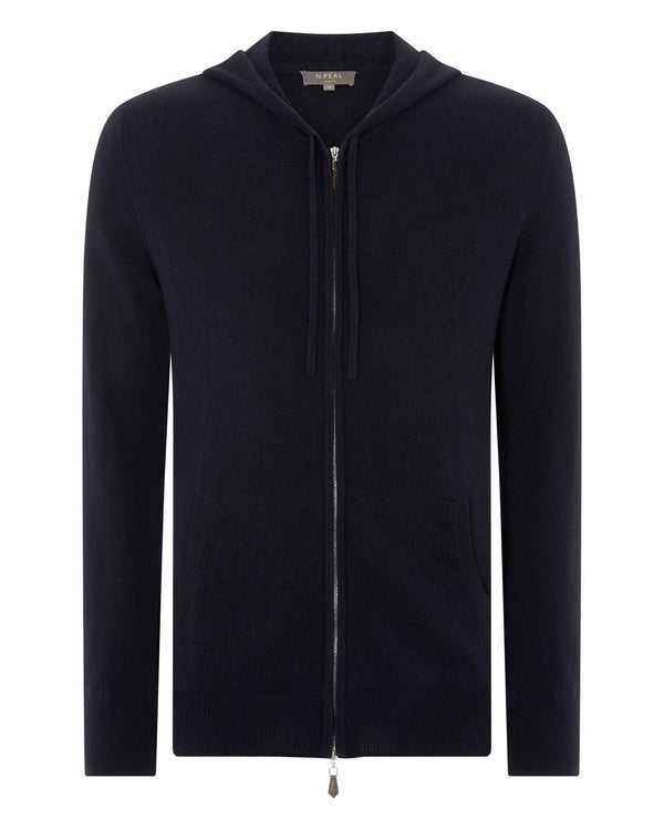 N.Peal Men's Hooded Zipped Cashmere Top Navy Blue