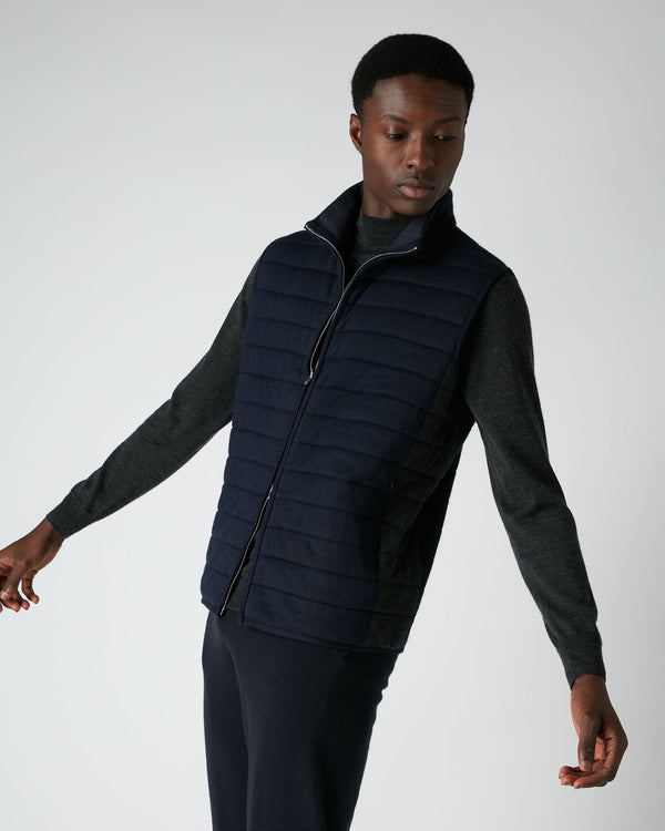 N.Peal Men's Fine Gauge Cashmere Zip Through Padded Gilet Navy Blue
