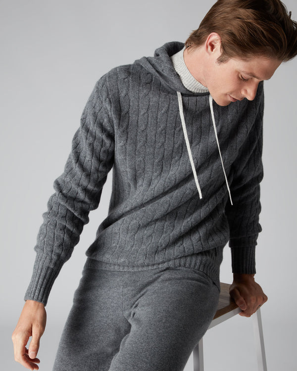 N.Peal Men's Cable Cashmere Hoodie Elephant Grey + Fumo Grey