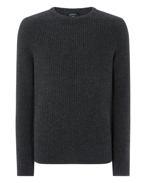 N.Peal 007 Fishermans Rib Round Neck Jumper Dark Charcoal Grey