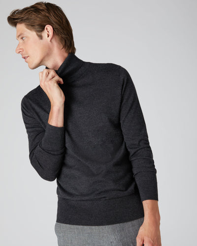 N.Peal Men's Fine Gauge Cashmere Roll Neck Jumper Dark Charcoal Grey