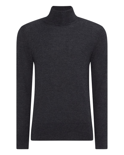 N.Peal Men's Fine Gauge Cashmere Roll Neck Jumper Dark Charcoal Grey