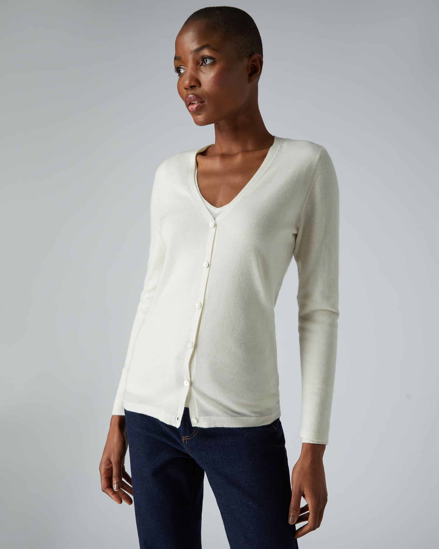 Women's Superfine V Neck Cashmere Cardigan New Ivory White | N.Peal