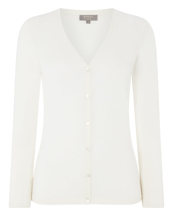 N.Peal Women's Superfine V Neck Cashmere Cardigan New Ivory White