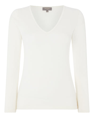 N.Peal Women's Superfine V Neck Cashmere Jumper New Ivory White