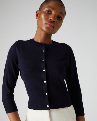 N.Peal Women's Superfine Cropped Cashmere Cardigan Navy Blue