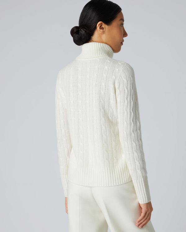 N.Peal Women's Cable Roll Neck Cashmere Jumper New Ivory White