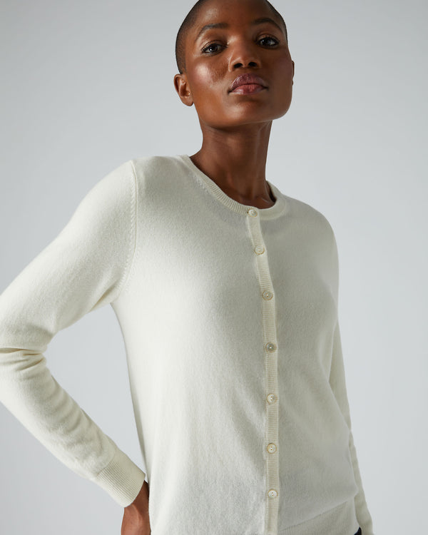 Women's Round Neck Cashmere Cardigan New Ivory White | N.Peal
