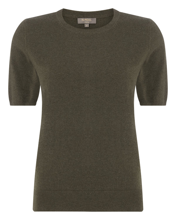 N.Peal Women's Round Neck Cashmere T Shirt Dark Olive Green