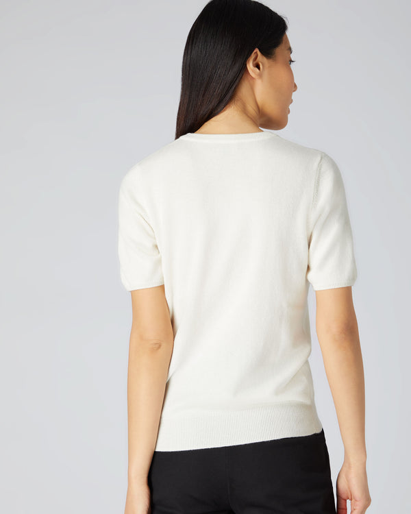 N.Peal Women's Round Neck Cashmere T Shirt New Ivory White