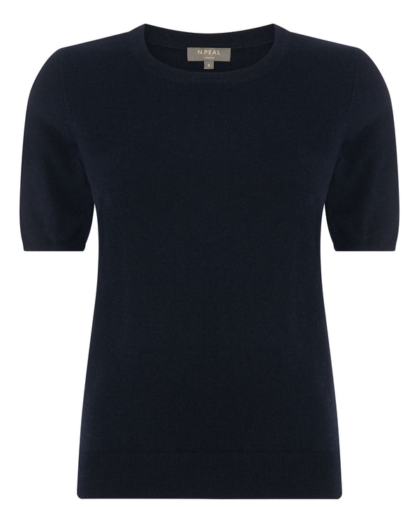 N.Peal Women's Round Neck Cashmere T Shirt Navy Blue