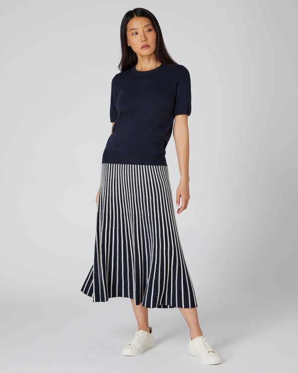 N.Peal Women's Round Neck Cashmere T Shirt Navy Blue