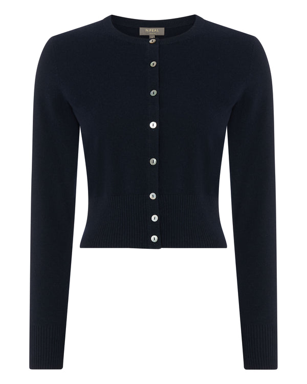 N.Peal Women's Long Sleeve Cropped Cashmere Cardigan Navy Blue