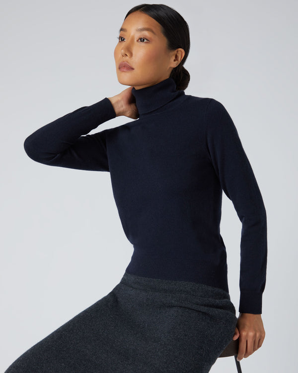 N.Peal Women's Luna Roll Neck Cashmere Jumper Navy Blue