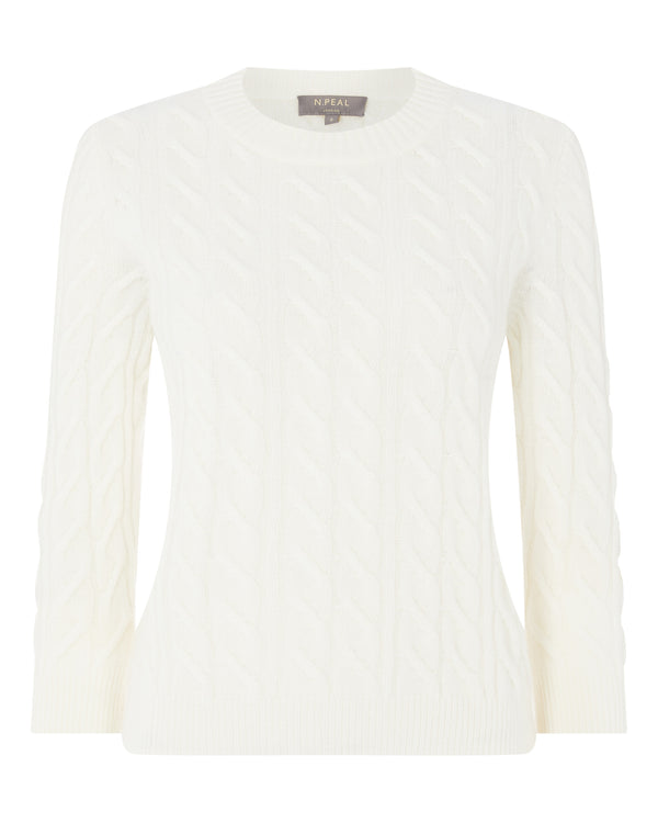 N.Peal Women's Round Neck Cable Cashmere Jumper New Ivory White