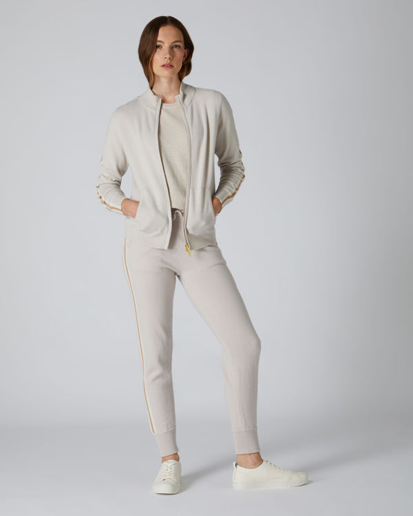 N.Peal Women's Stripe Sleeve Cashmere Jumper Snow Grey