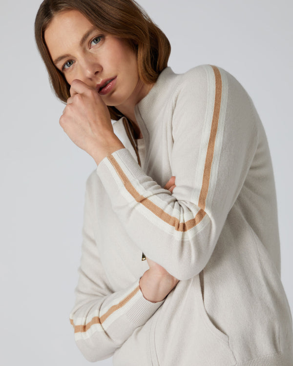 N.Peal Women's Stripe Sleeve Cashmere Jumper Snow Grey