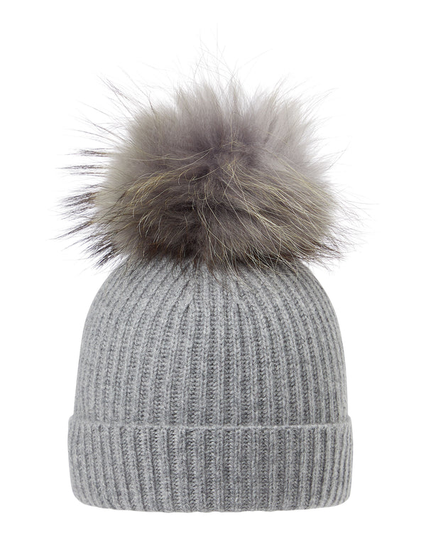 N.Peal Unisex Ribbed Cashmere Hat With Detachable Pom Flannel Grey