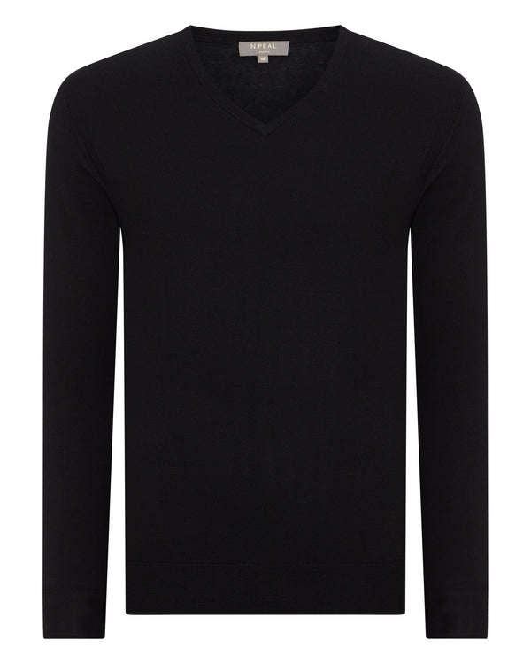 N.Peal Men's Conduit Fine Gauge Cashmere V Neck Jumper Black
