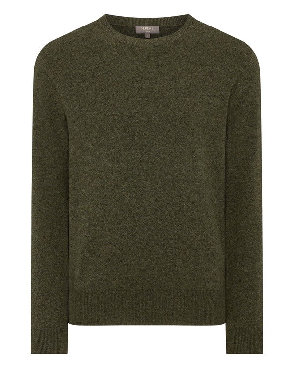 N.Peal Men's Oxford Round Neck Cashmere Jumper Moss Green