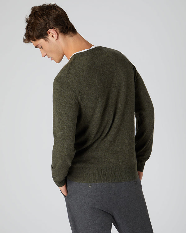 N.Peal Men's Oxford Round Neck Cashmere Jumper Moss Green