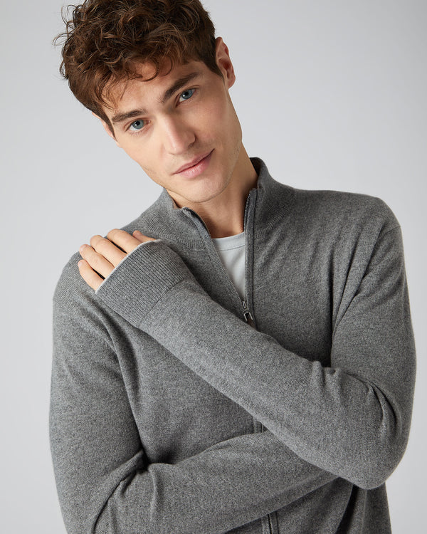 N.Peal Men's The Knightsbridge Zip Cashmere Jumper Elephant Grey
