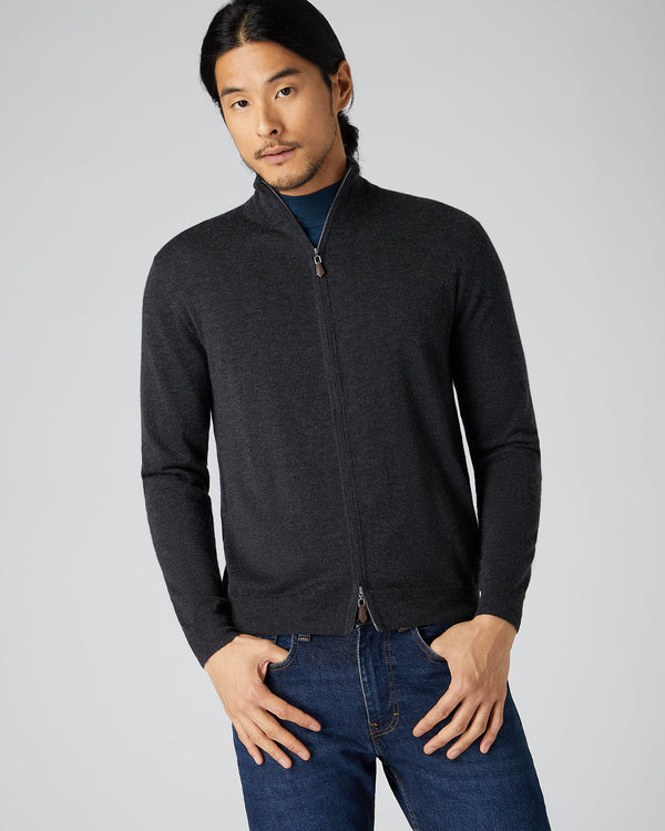 N.Peal Men's Hyde Fine Gauge Cashmere Full Zip Jumper Dark Charcoal Grey