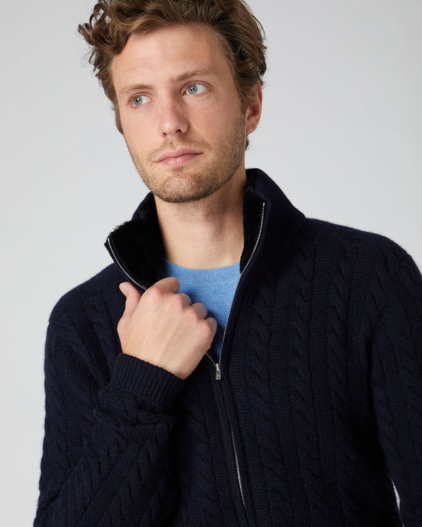 N.Peal Men's Fur Collar Cable Cashmere Cardigan Navy Blue