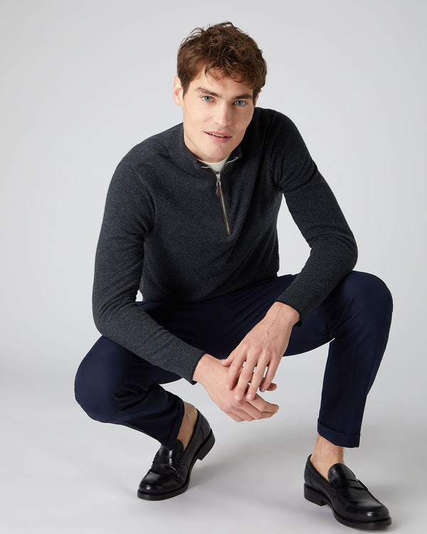 N.Peal Men's Carnaby Half Zip Cashmere Jumper Dark Charcoal Grey